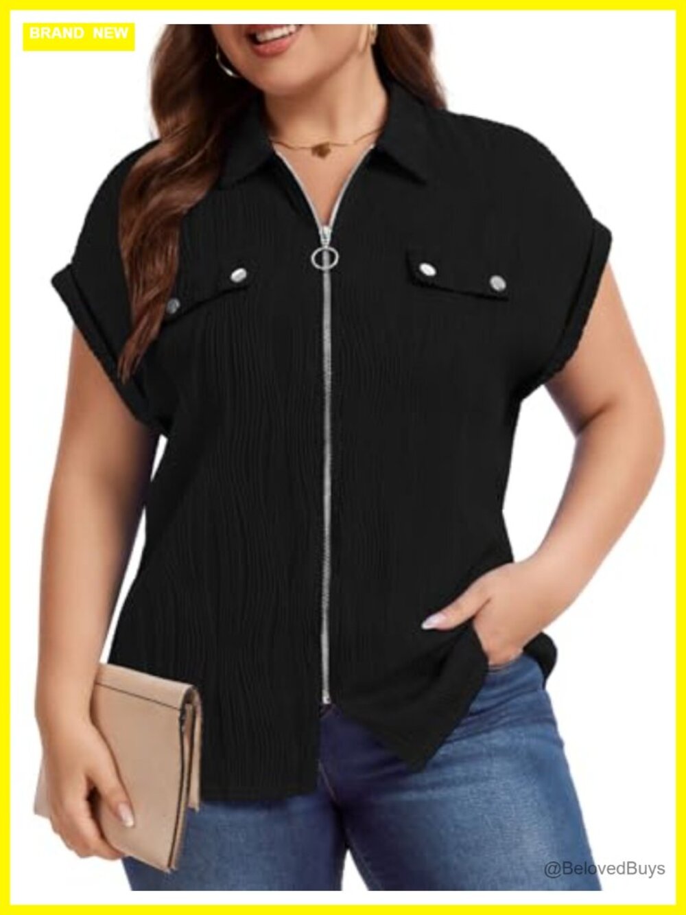 Plus Size Zip Front V Neck Collared Short Sleeve Blouse
